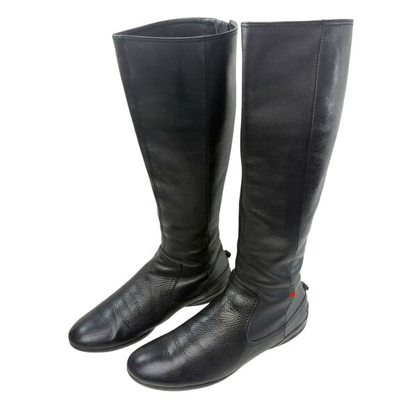 Gucci Tall Knee High Riding Boot  Size 8 Web Accent Leather Zip Flat Rubber Sole - Picture 1 of 13